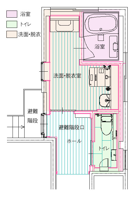 水廻り動線の効率化と、避難口はホールを介して、勝手口としても実用的に利用できるよう改善。