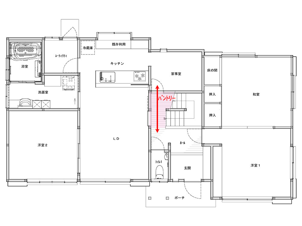 階段下をパントリー化。ホールとつながる回遊動線が誕生。