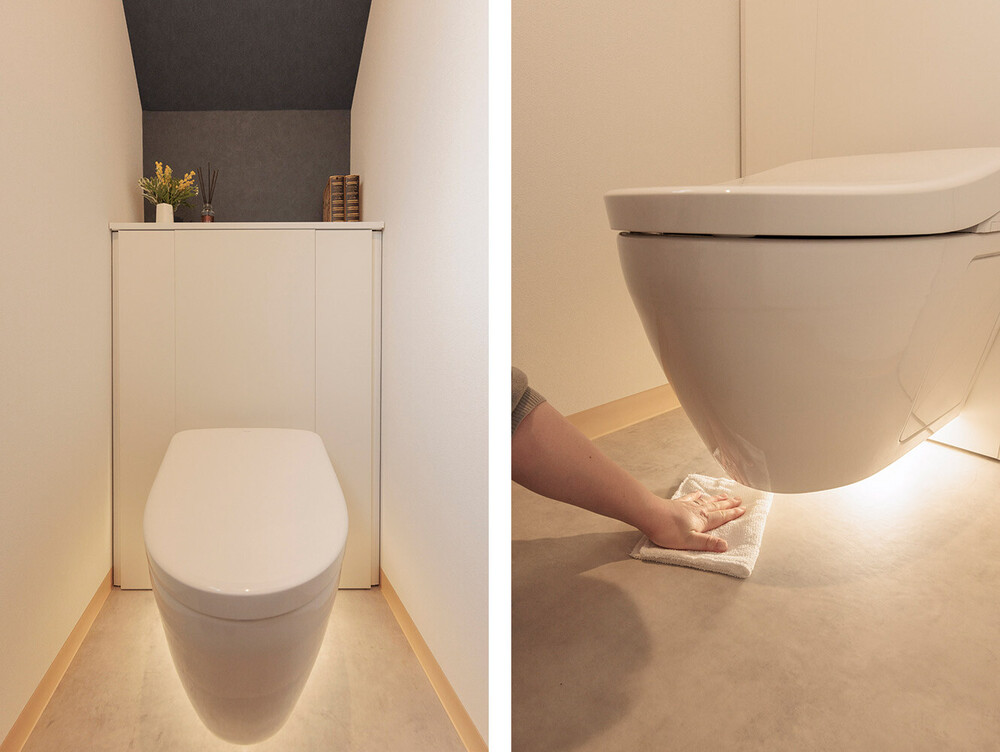 お掃除が楽で収納力も豊富。スタイリッシュな浮遊型トイレ